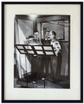 10 x 13.25 Photo That Hung in Moes Office of The Three Stooges Singing in Studio -- Framed to 15 x 18.5 With Norman Maurer Productions Stamp on Verso -- Residue to Glass, Else Near Fine